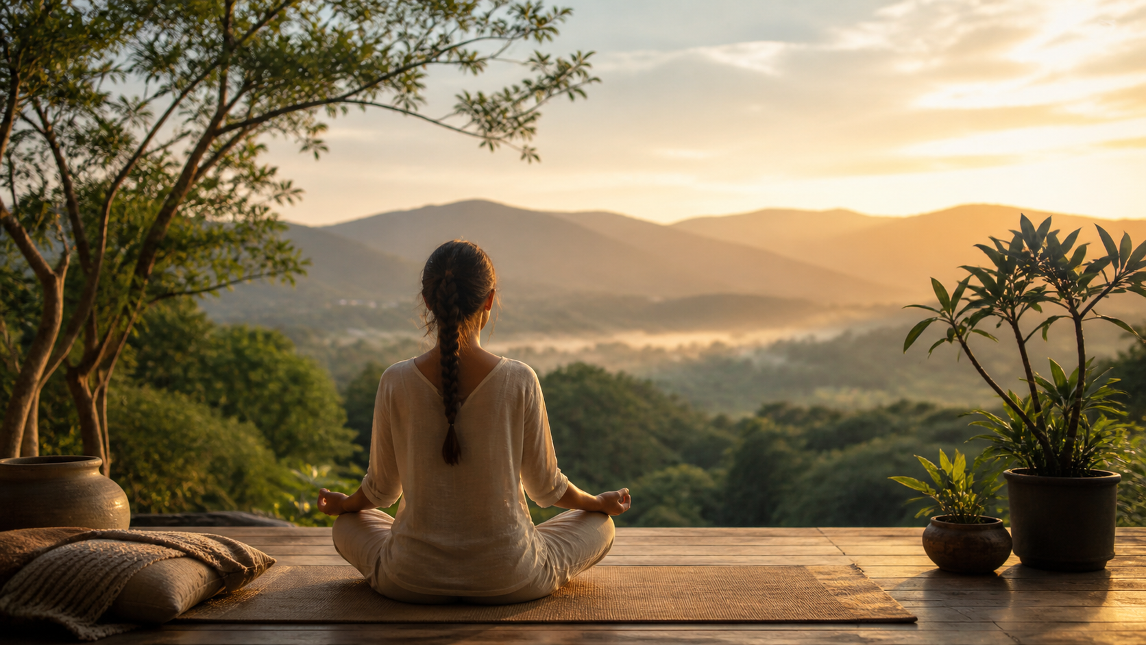 Persona meditando frente a un paisaje natural de montaña